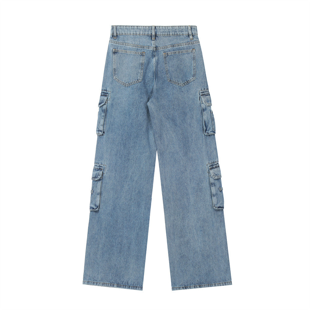 American Retro Multi-pocket Distressed Straight Cargo Pants Men