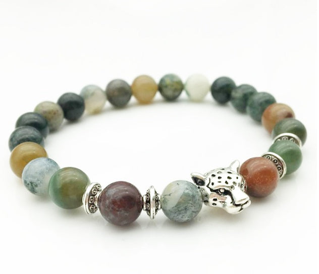 Natural Stone Lava Stone Bead Bracelet For Men Leopard Head  Charm Bracelet Handmade Jewelry