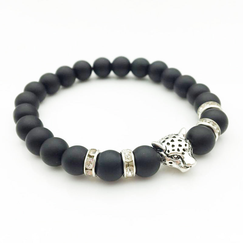 Natural Stone Lava Stone Bead Bracelet For Men Leopard Head  Charm Bracelet Handmade Jewelry