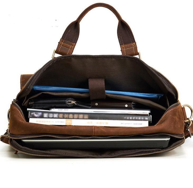 Men's Genuine Leather Bag Retro Design Business Briefcase Cowhide Oblique Bag 15.6 inch Laptop Bag