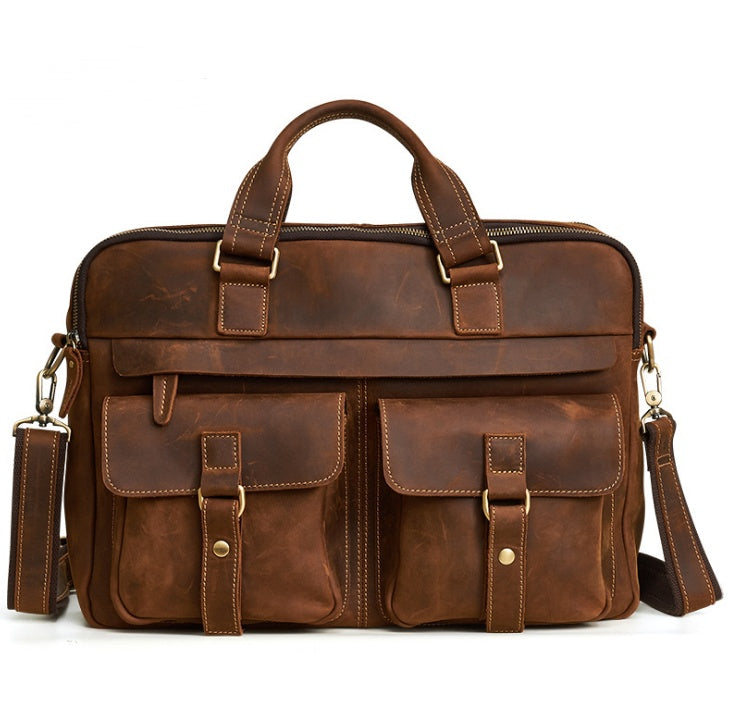 Men's Genuine Leather Bag Retro Design Business Briefcase Cowhide Oblique Bag 15.6 inch Laptop Bag