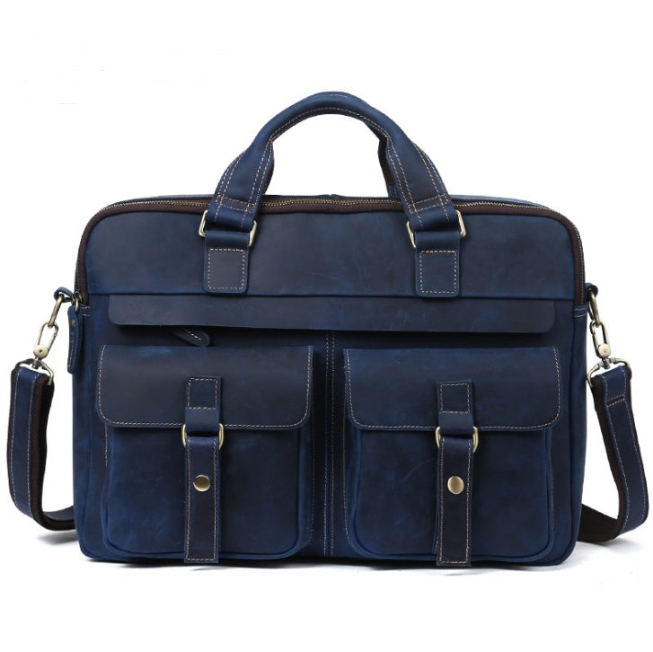 Men's Genuine Leather Bag Retro Design Business Briefcase Cowhide Oblique Bag 15.6 inch Laptop Bag