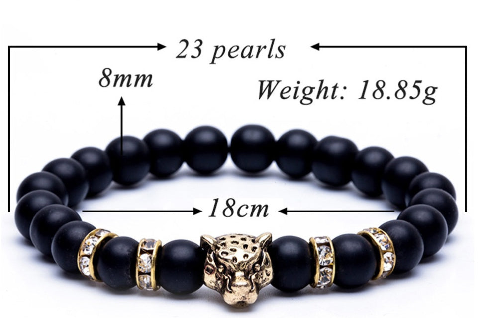 Natural Stone Lava Stone Bead Bracelet For Men Leopard Head  Charm Bracelet Handmade Jewelry