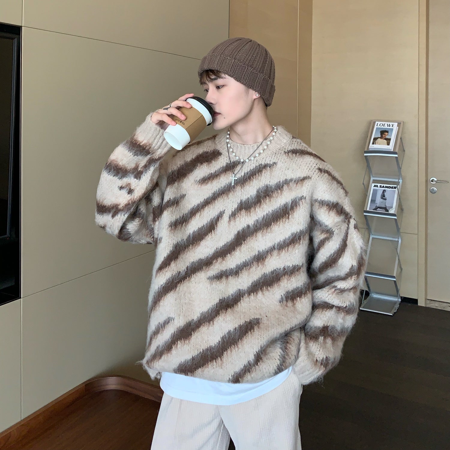 Men’s Zebra Print Mohair Knit Sweater