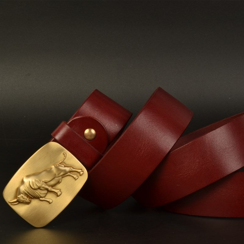 Top Layer Cowhide Vegetable Tanned Leather Belt Double-Sided Dyed Men'S Formal Dress Solid Pure Brass Smooth Buckle Belt