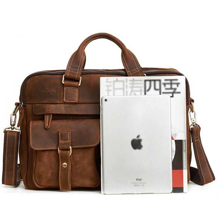 Men's Genuine Leather Bag Retro Design Business Briefcase Cowhide Oblique Bag 15.6 inch Laptop Bag