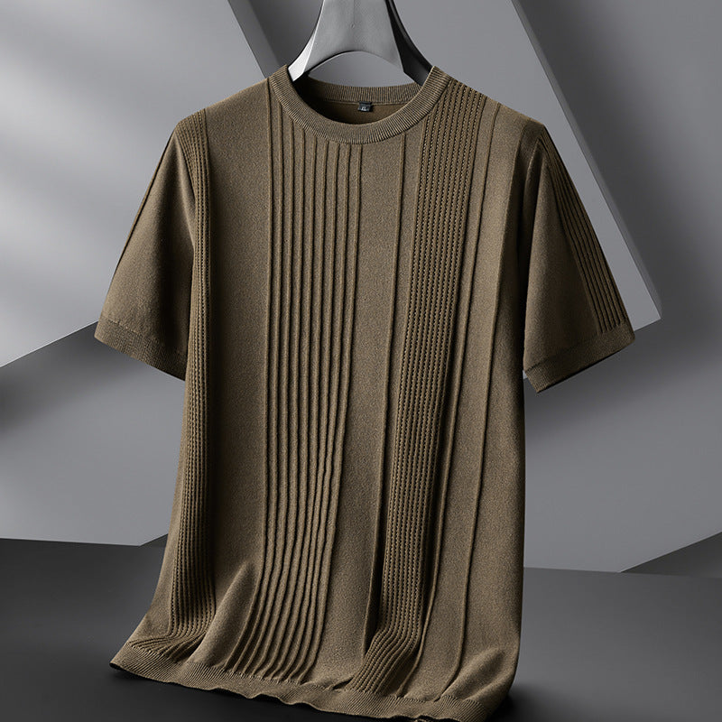 Men's Plus-sized Casual Round Neck Jacquard Sweater With Short Sleeves