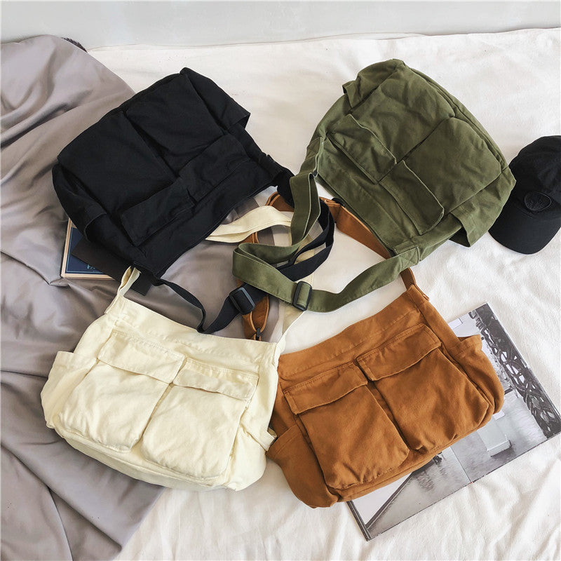 Men's Canvas Messenger Bag Large Capacity Multi Pocket Shoulder Bag