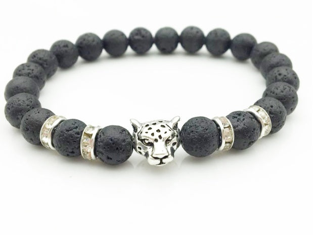 Natural Stone Lava Stone Bead Bracelet For Men Leopard Head  Charm Bracelet Handmade Jewelry