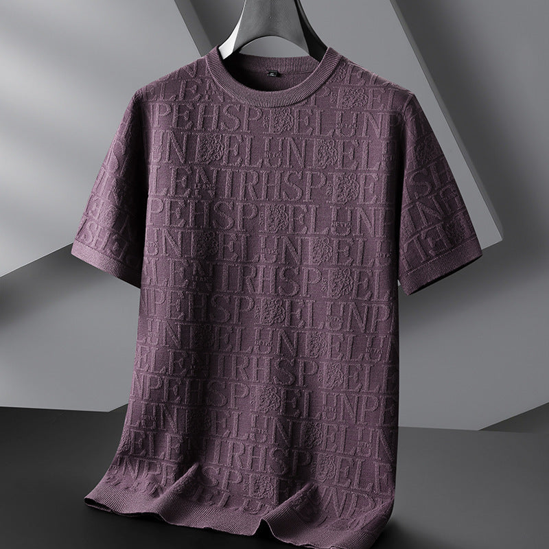 Men's Plus-sized Casual Round Neck Jacquard Sweater With Short Sleeves