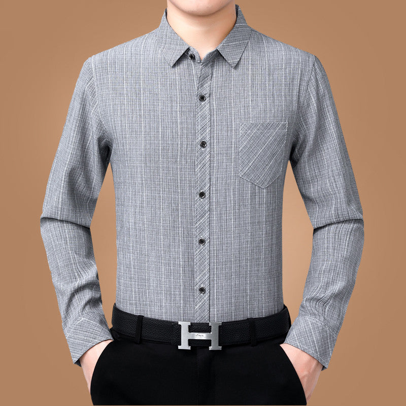 Linen Long-sleeved Business Casual Shirt For Men Cotton And Linen Pockets Non-iron Shirt