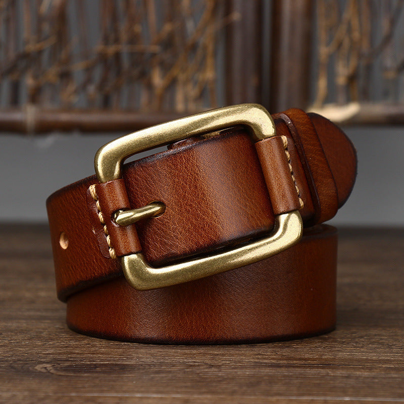 Men's Simple Fashion First Layer Cowhide Retro Brass Buckle Belt