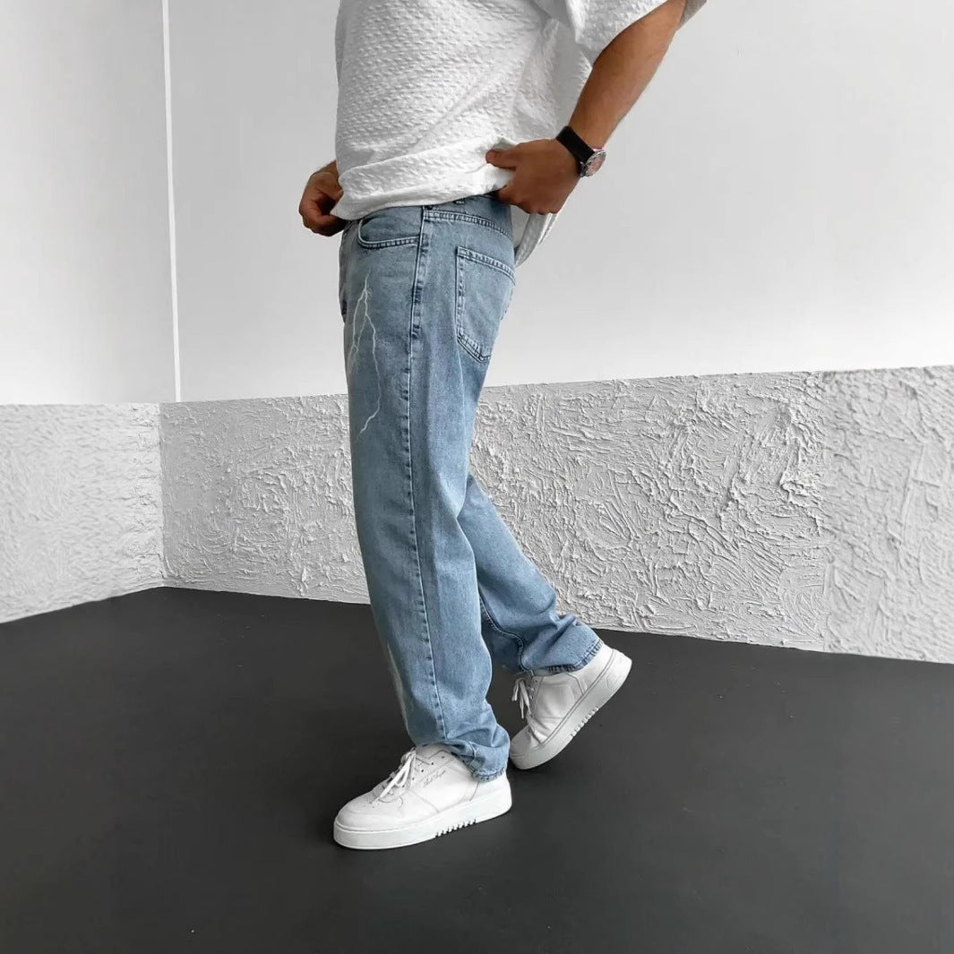 Men's Straight-leg Jeans Printed Solid Color Loose Wide Leg Denim
