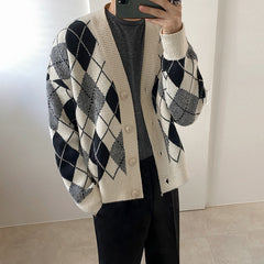 Classic Diamond Sweater Men's V-Neck Knit Jacket