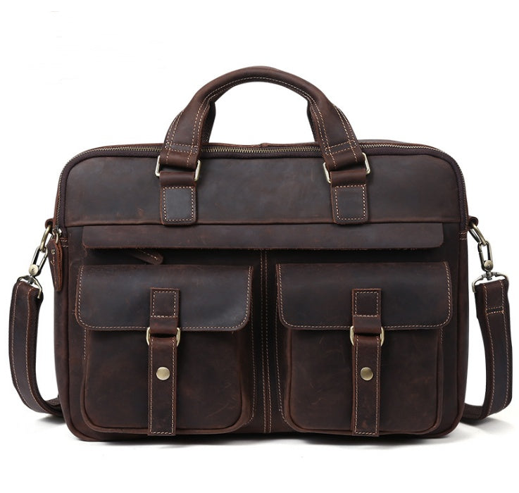Men's Genuine Leather Bag Retro Design Business Briefcase Cowhide Oblique Bag 15.6 inch Laptop Bag
