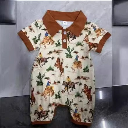 Boy Western Element Short Sleeve Rompers