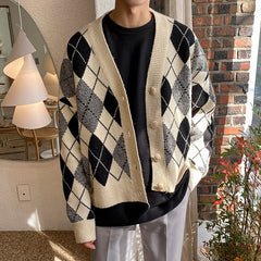 Classic Diamond Sweater Men's V-Neck Knit Jacket