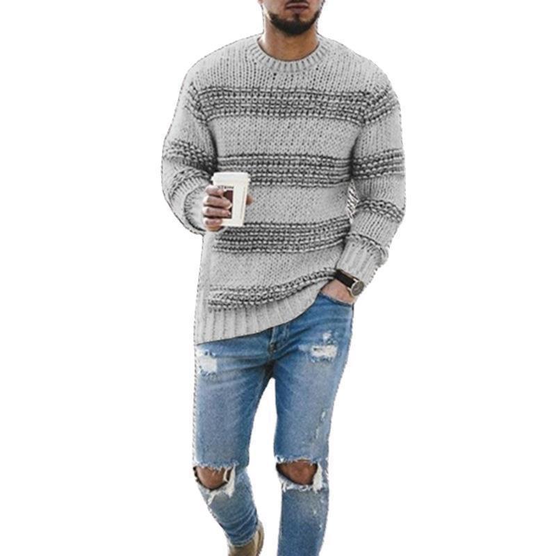 Men's Casual Striped Knitted Round Neck Pullover Sweater