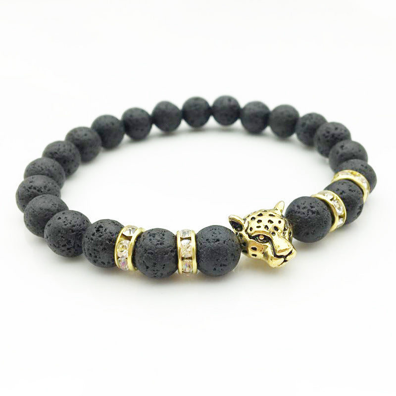 Natural Stone Lava Stone Bead Bracelet For Men Leopard Head  Charm Bracelet Handmade Jewelry