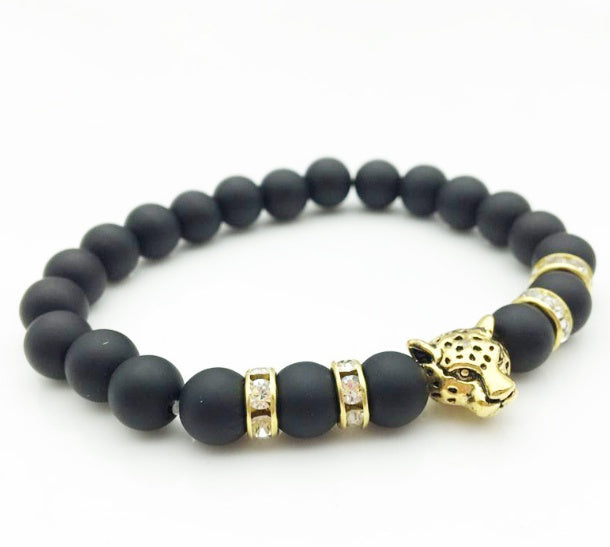 Natural Stone Lava Stone Bead Bracelet For Men Leopard Head  Charm Bracelet Handmade Jewelry