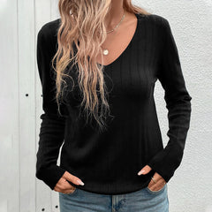 European And American Fall Women's Clothing Sunken Stripe V-neck Black Sweater For Women