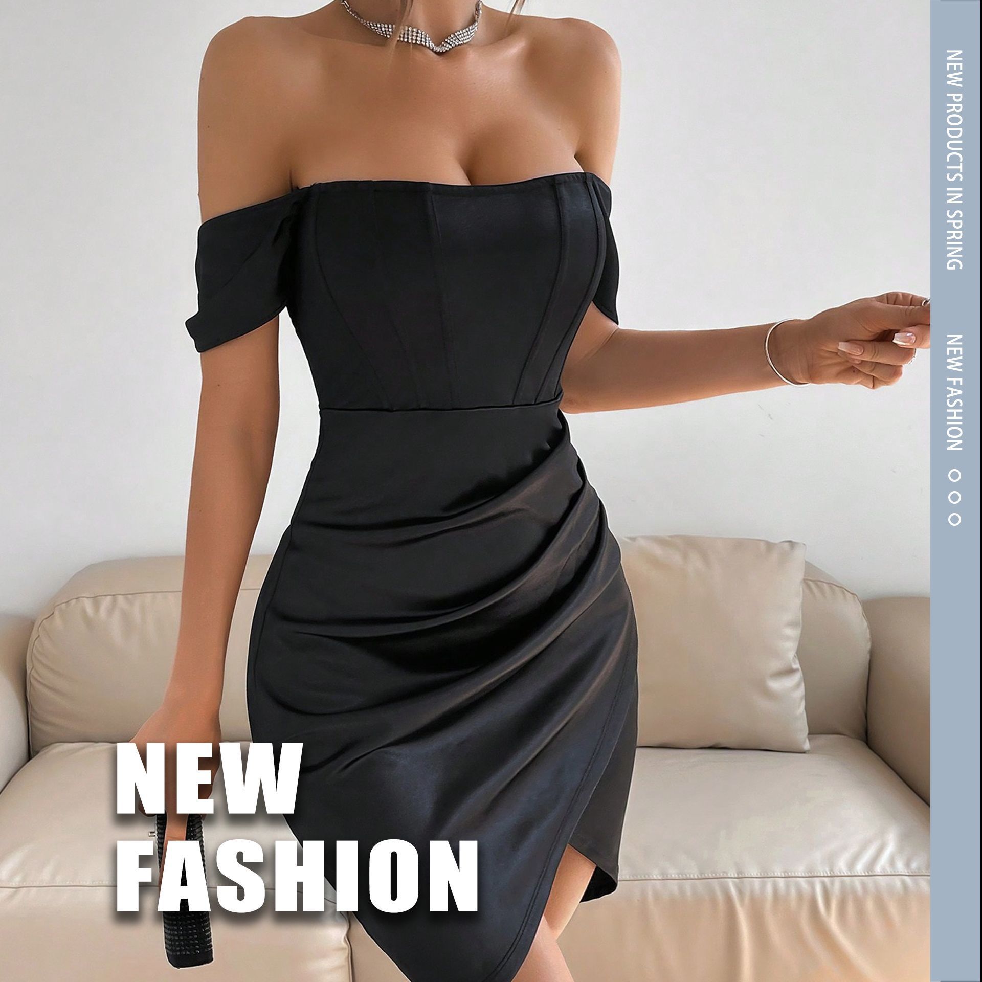 Off-shoulder Collar Spring Women's Mid-length Dress