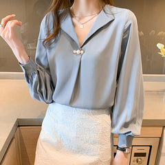 Fashion Business Chiffon Temperament Wild Loose Slimming V-neck Long Sleeve Shirt
