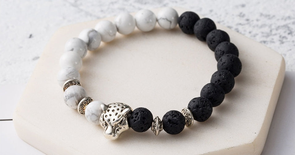Natural Stone Lava Stone Bead Bracelet For Men Leopard Head  Charm Bracelet Handmade Jewelry