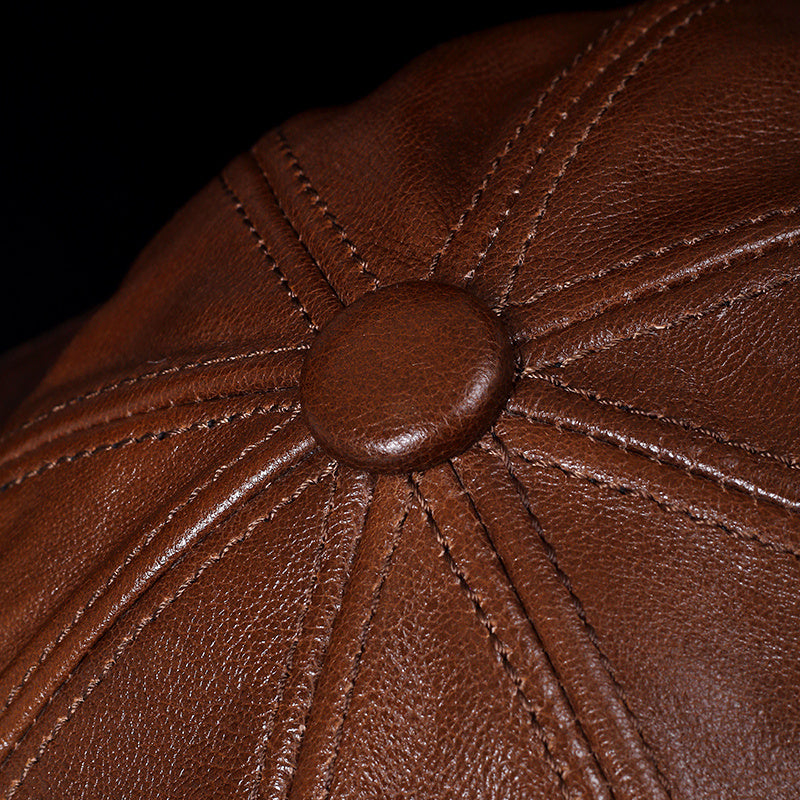 Pure Leather Dome Top Layer Cowhide Octagonal Hat For Men