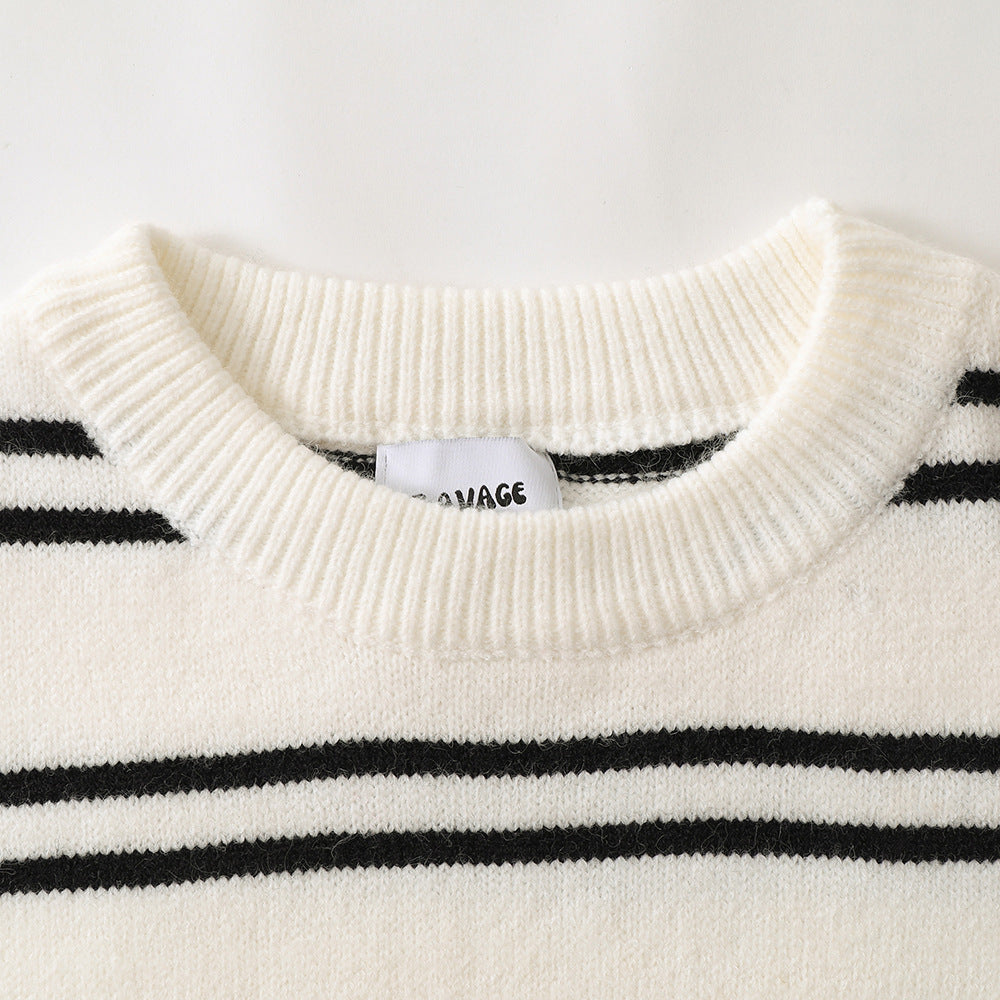 Striped Round Neck Knitted Sweater Men's Loose