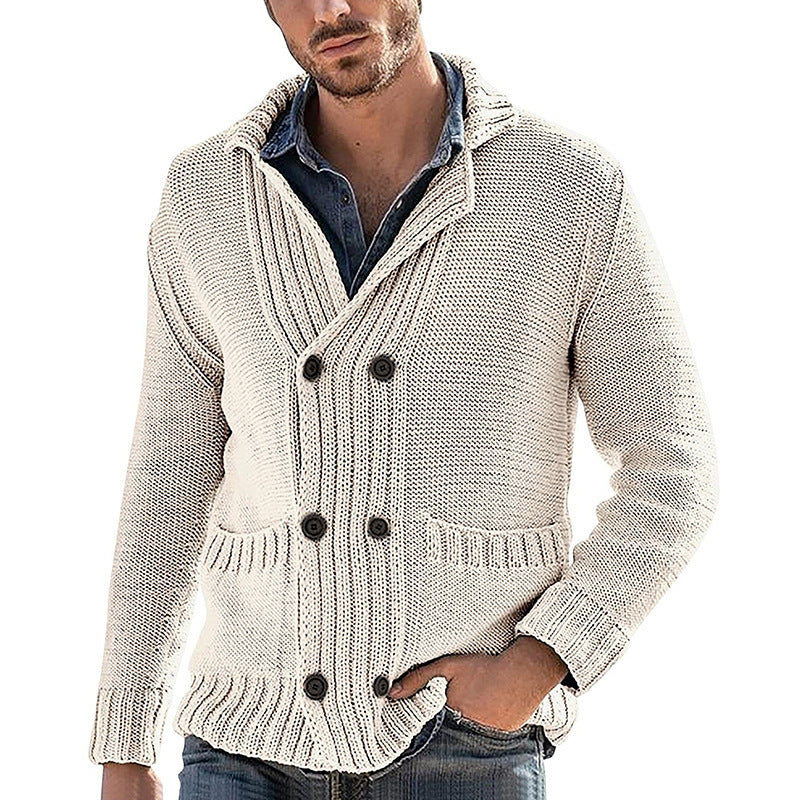Men's Fashion Solid Color Lapel Long Sleeve Knit Acrylic Sweater