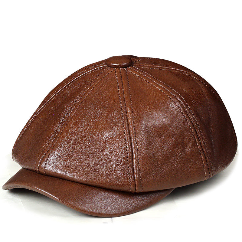 Pure Leather Dome Top Layer Cowhide Octagonal Hat For Men