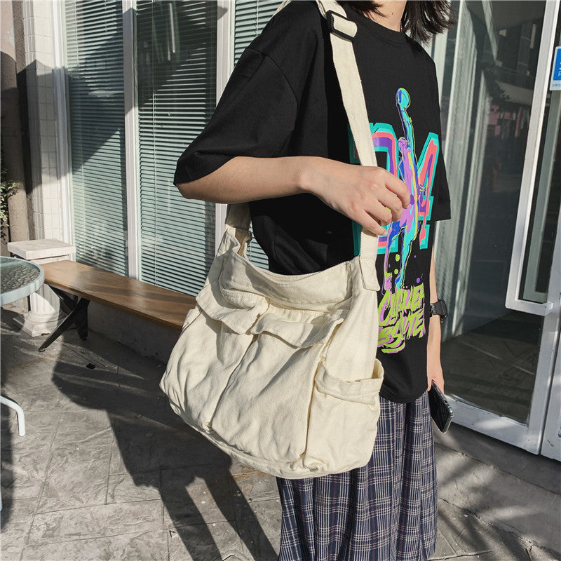 Men's Canvas Messenger Bag Large Capacity Multi Pocket Shoulder Bag