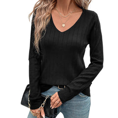 European And American Fall Women's Clothing Sunken Stripe V-neck Black Sweater For Women