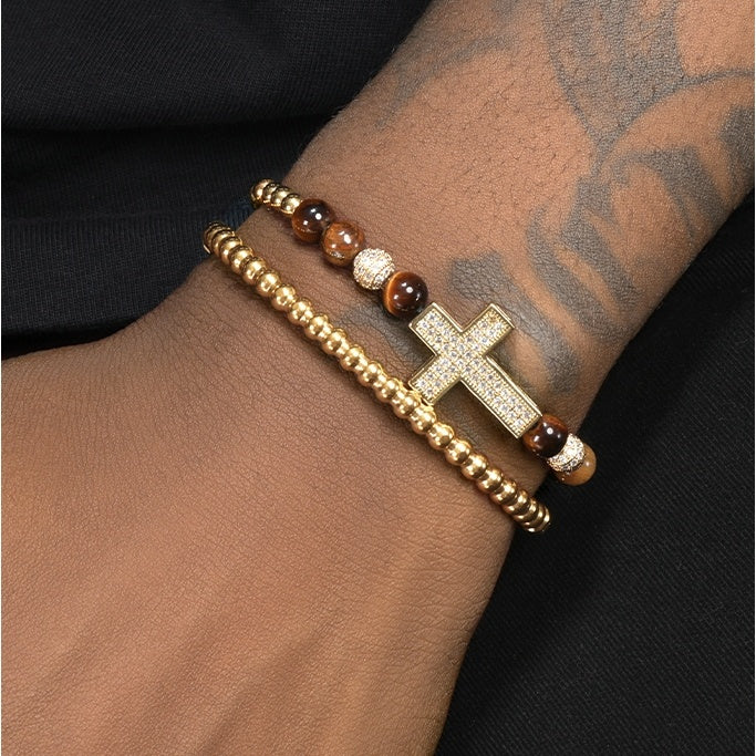 Copper Gold-Plated Full Diamond Cross Bracelet For Men