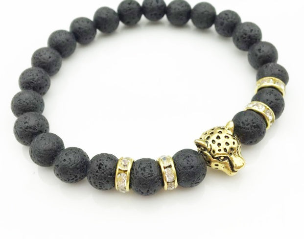 Natural Stone Lava Stone Bead Bracelet For Men Leopard Head  Charm Bracelet Handmade Jewelry