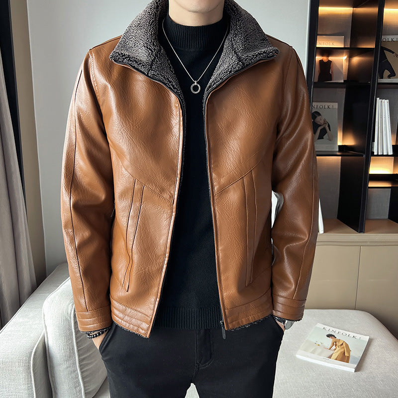 Hong Kong Style Velvet Padded Plus Size Men's Leather Jacket
