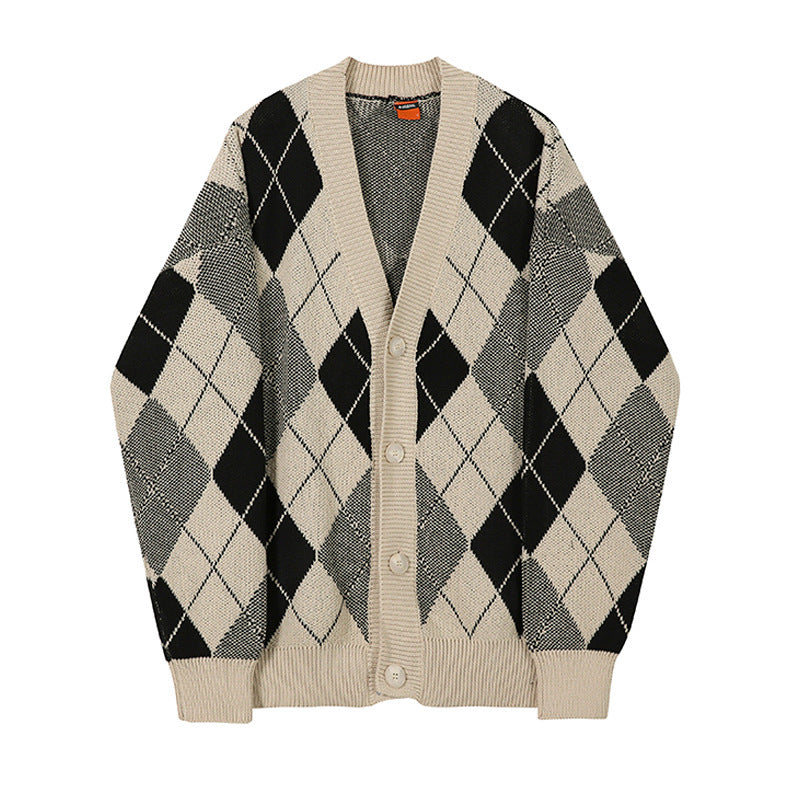 Classic Diamond Sweater Men's V-Neck Knit Jacket