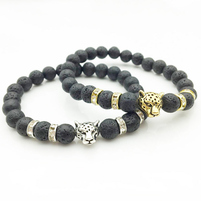 Natural Stone Lava Stone Bead Bracelet For Men Leopard Head  Charm Bracelet Handmade Jewelry