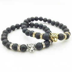 Natural Stone Lava Stone Bead Bracelet For Men Leopard Head  Charm Bracelet Handmade Jewelry