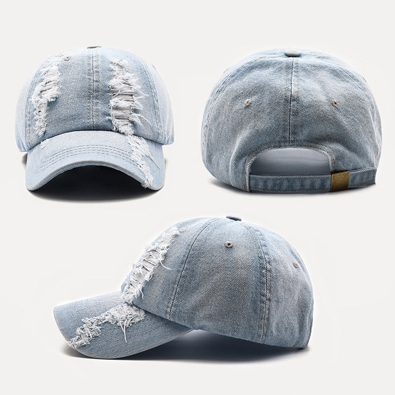 Men's Washed And Worn Ripped Denim Cap