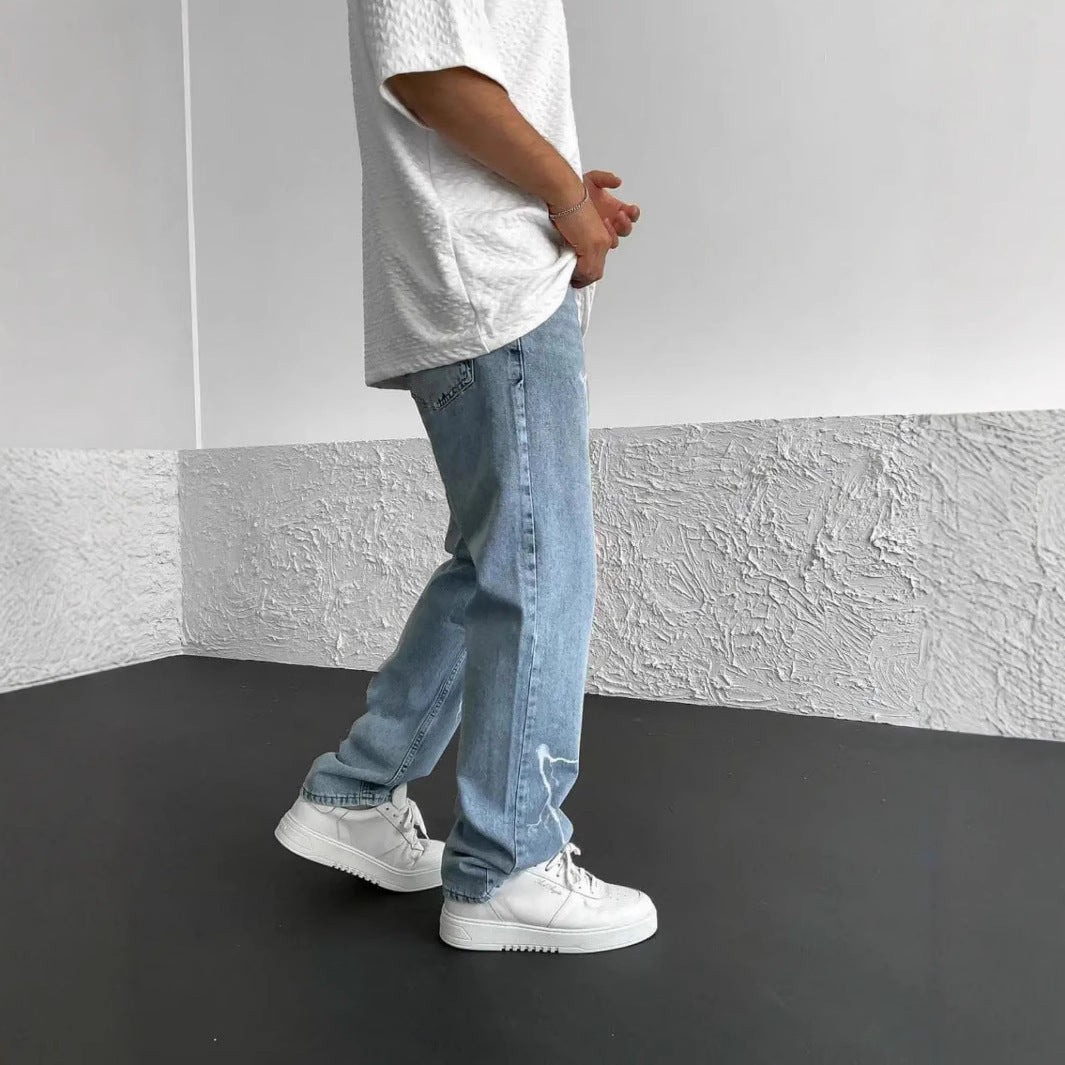 Men's Straight-leg Jeans Printed Solid Color Loose Wide Leg Denim