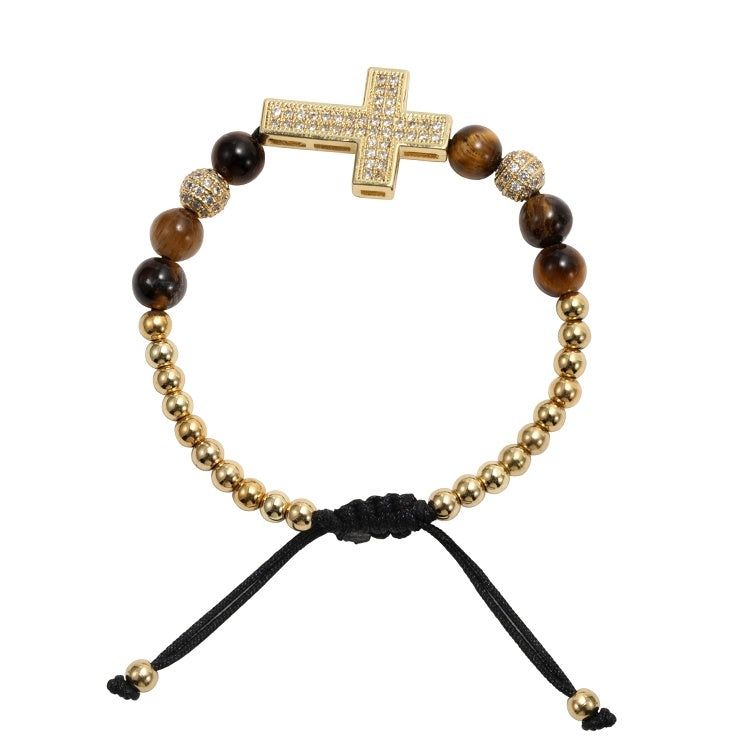 Copper Gold-Plated Full Diamond Cross Bracelet For Men