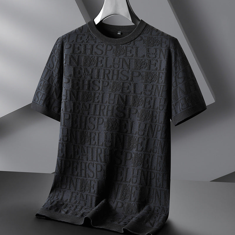 Men's Plus-sized Casual Round Neck Jacquard Sweater With Short Sleeves