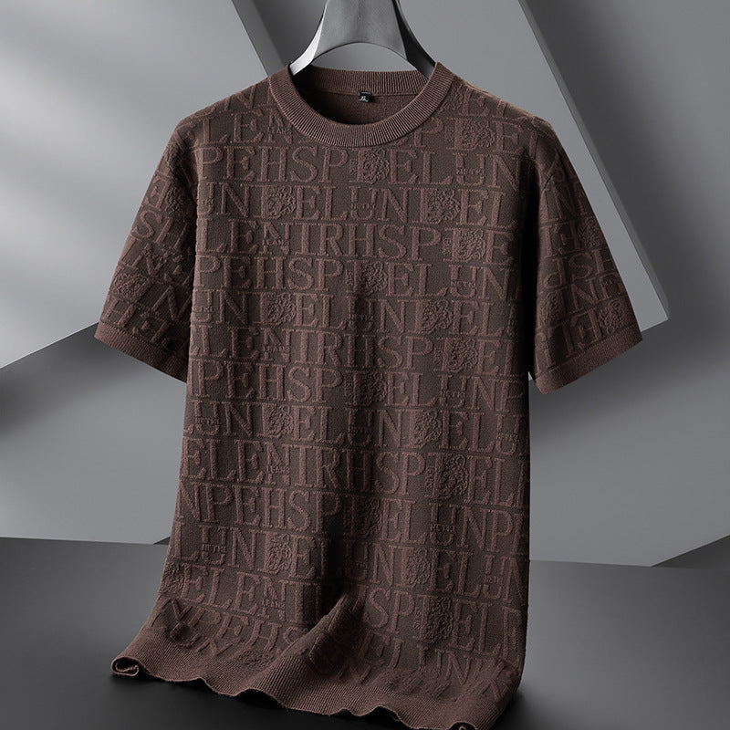Men's Plus-sized Casual Round Neck Jacquard Sweater With Short Sleeves
