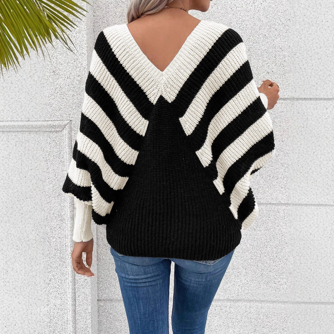 Plus Size Stripe Contrast Color V-neck Long-sleeve Knitwear