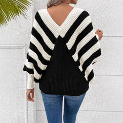 Plus Size Stripe Contrast Color V-neck Long-sleeve Knitwear