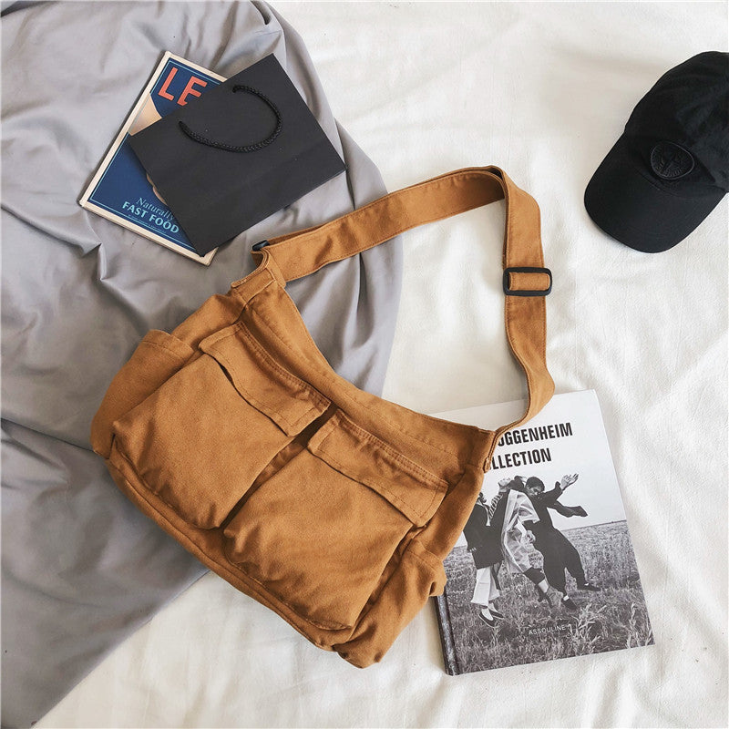 Men's Canvas Messenger Bag Large Capacity Multi Pocket Shoulder Bag