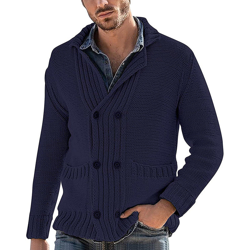 Men's Fashion Solid Color Lapel Long Sleeve Knit Acrylic Sweater