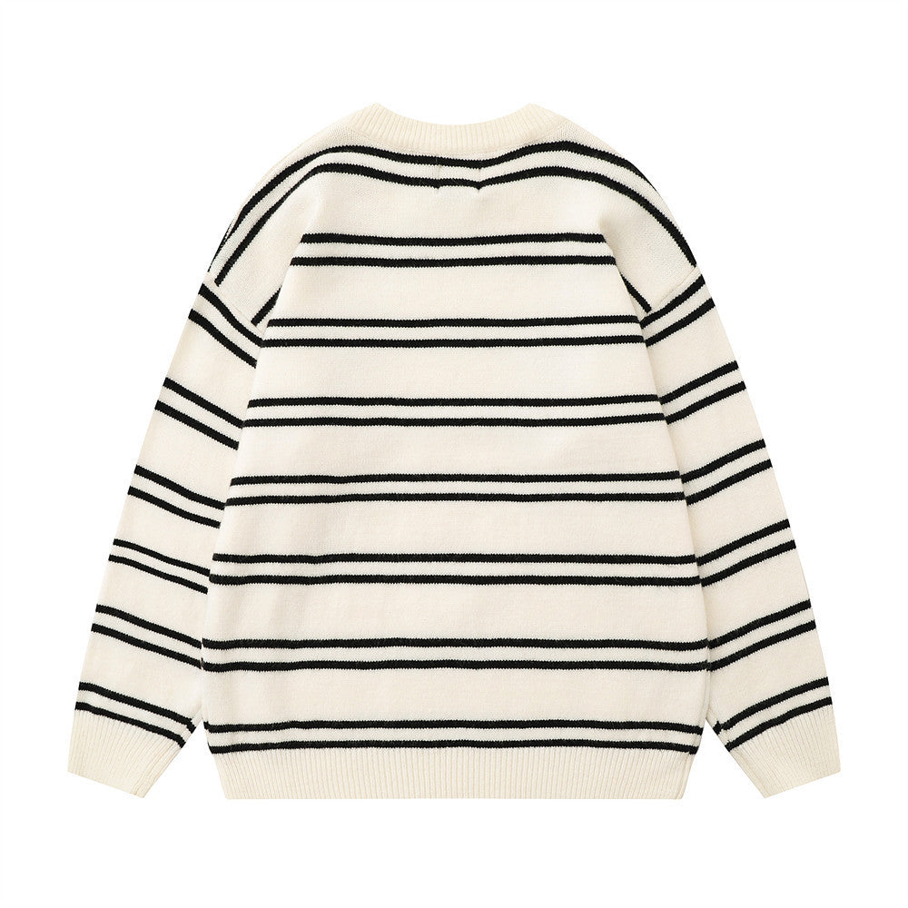 Striped Round Neck Knitted Sweater Men's Loose